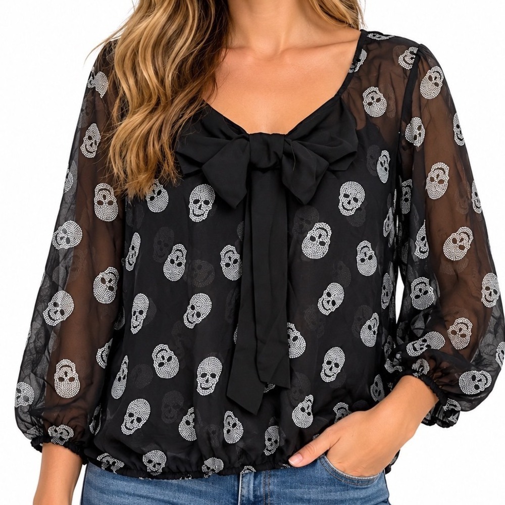 No Boundaries Skull Blouse Women XL 15-17 Black Sheer Bow Neck Goth Emo Alt Top